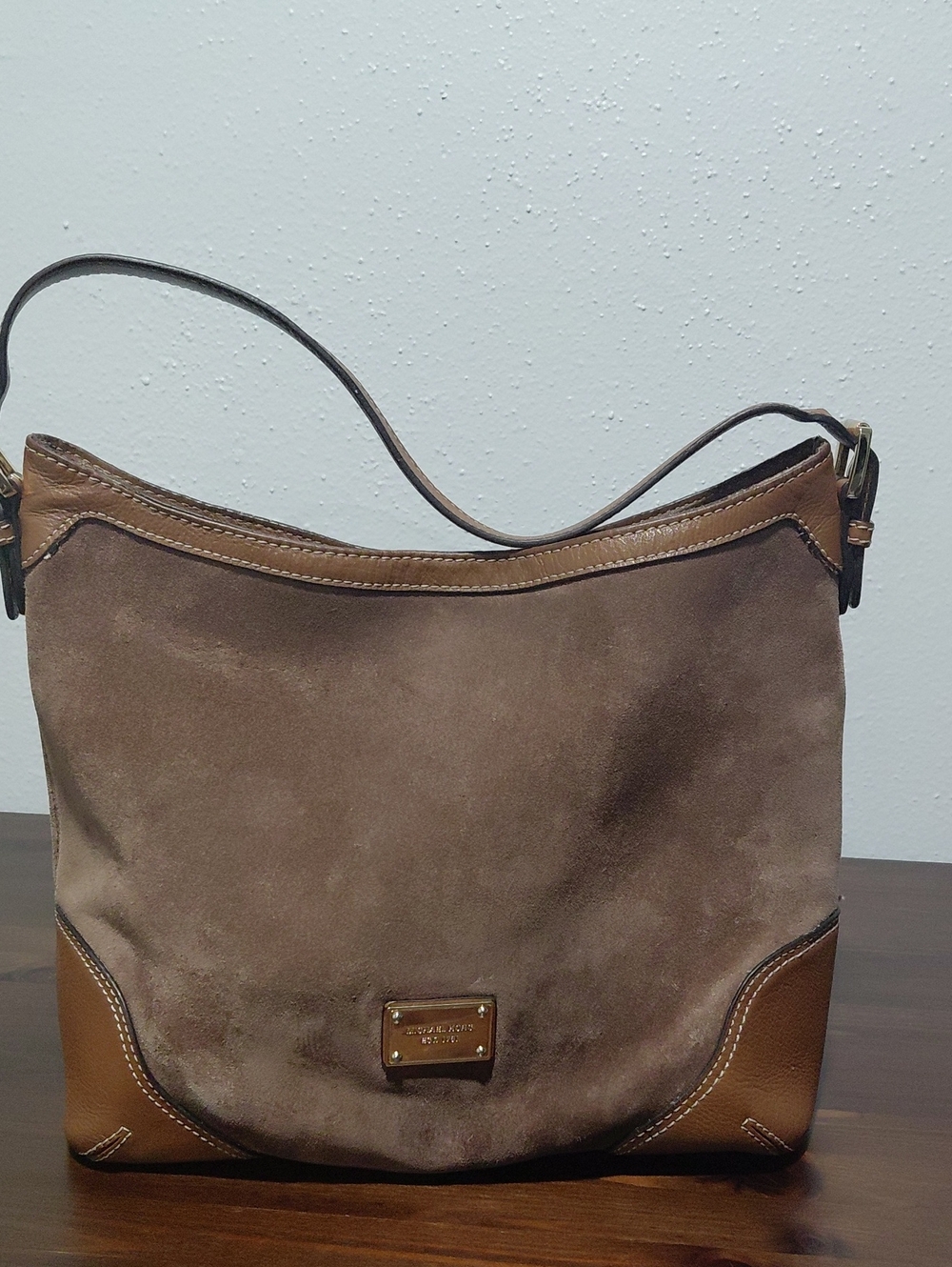 Michael Kors Taupe Suede and Brown Leather Shoulder Bag